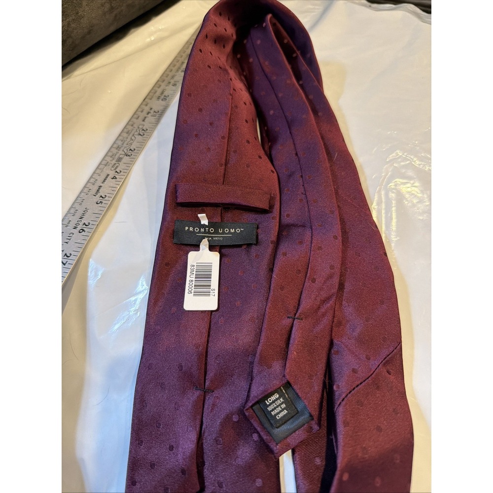 Pronto Uomo Mens Silk Tie Long Length Burgundy Red Polka Dot 83MU 80006 NWOT